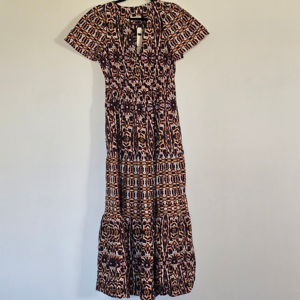 NWT Anthropologie Maeve Somerset Maxi Dress S Orange Navy Cotton Boho Ikat